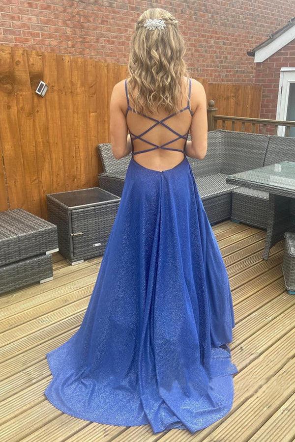 Vestidos de fiesta de noche con cola larga y escote en V brillante de corte A